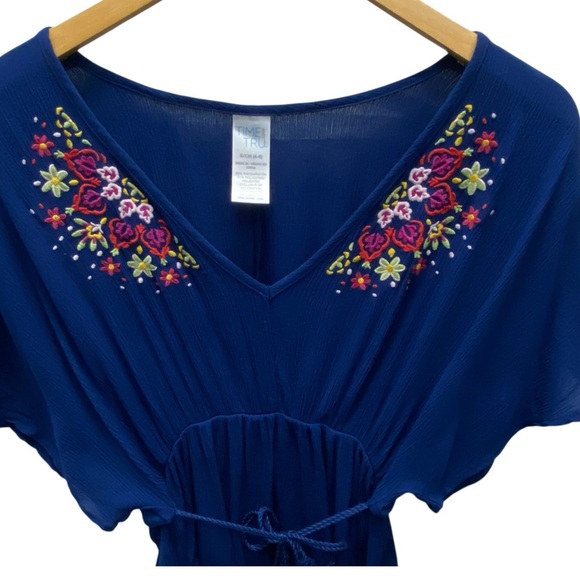 Time and Tru Blue Floral Embroidery Tassels Boho Tunic Top - Small - Picture 2 of 13